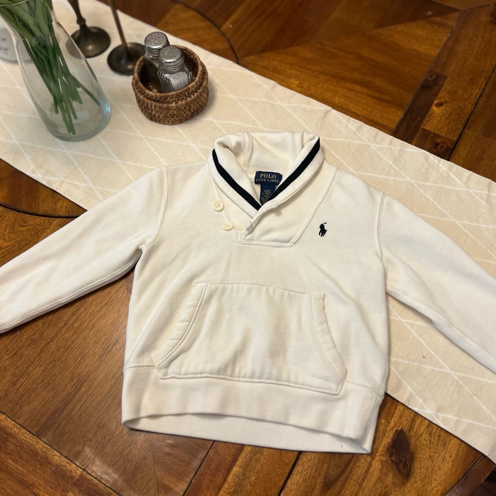 Polo by Ralph Lauren Cream Shawl Collar Sweatshirt with Navy Trim size 4T